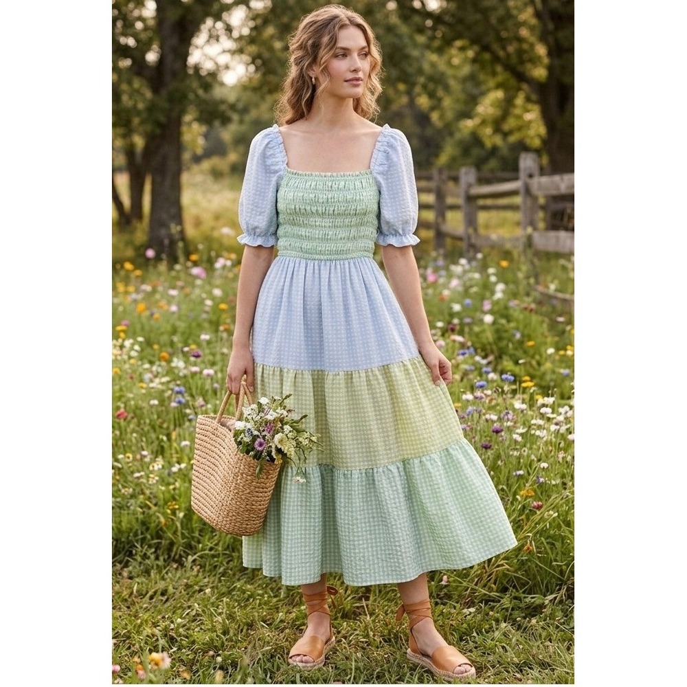 Greylin Nola Smocked Tiered Midi Dress Women Xs Pastel Gingham Cottagecore